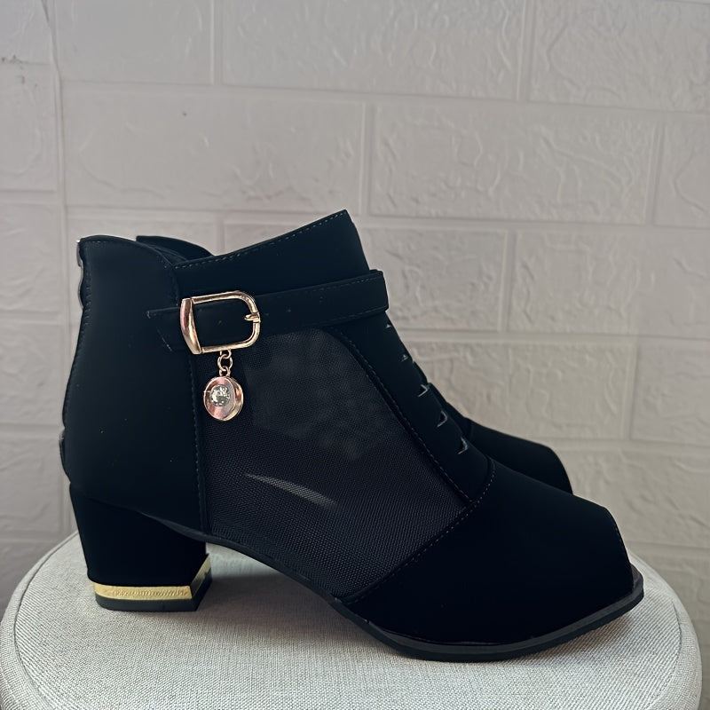 Stylish black mesh ankle boots with chunky heel, back zipper, and sleek design for all seasons. Comfortable and breathable, perfect for the office.