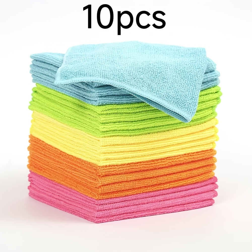 Get 10 premium microfiber cleaning cloths for dishes, household chores, and more! These versatile towels are durable, absorbent, and perfect for clearing away stains and grease in the kitchen and bathroom. A must-have for any cleaning supply arsenal.