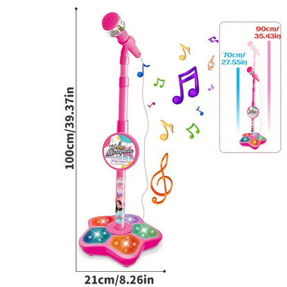 Portable LED karaoke microphone toy with adjustable stand for kids ages 3-6. Ideal for birthday parties and concert gifts.