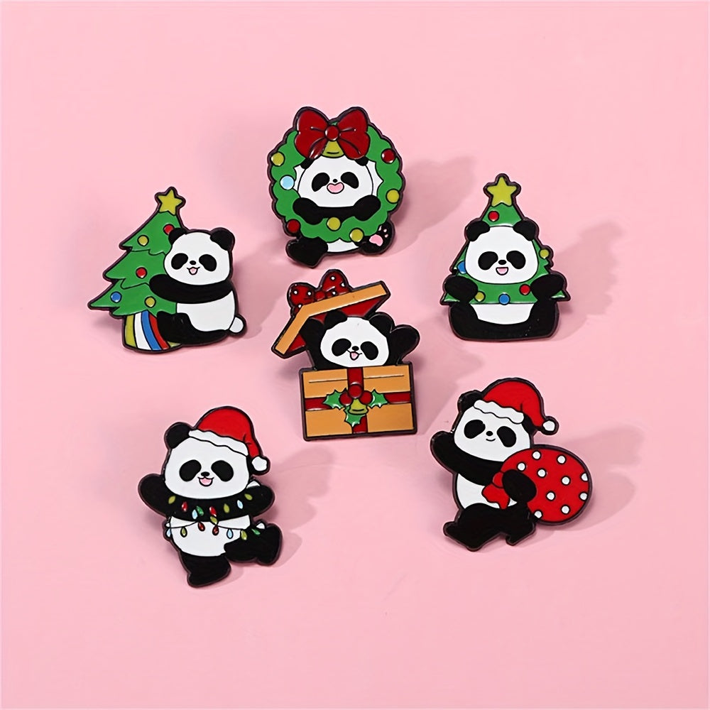 Set of 6 adorable enamel pins featuring cute cartoon pandas, made of durable alloy in animal shapes. Perfect for adding a touch of holiday cheer with novelty Christmas themed lapel badges. These decorative ornaments are great for accessorizing bags and