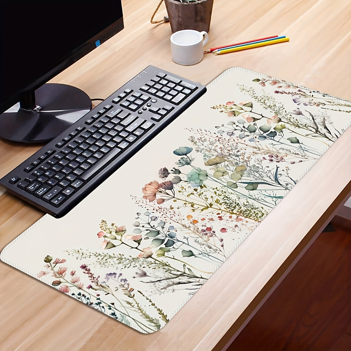 White Floral Rubber Desk Mat: Non-slip, washable, thick & durable. Ideal for office and home workspace. Suitable for laptop, keyboard, and mouse. Artistic design. Washable desk pad.