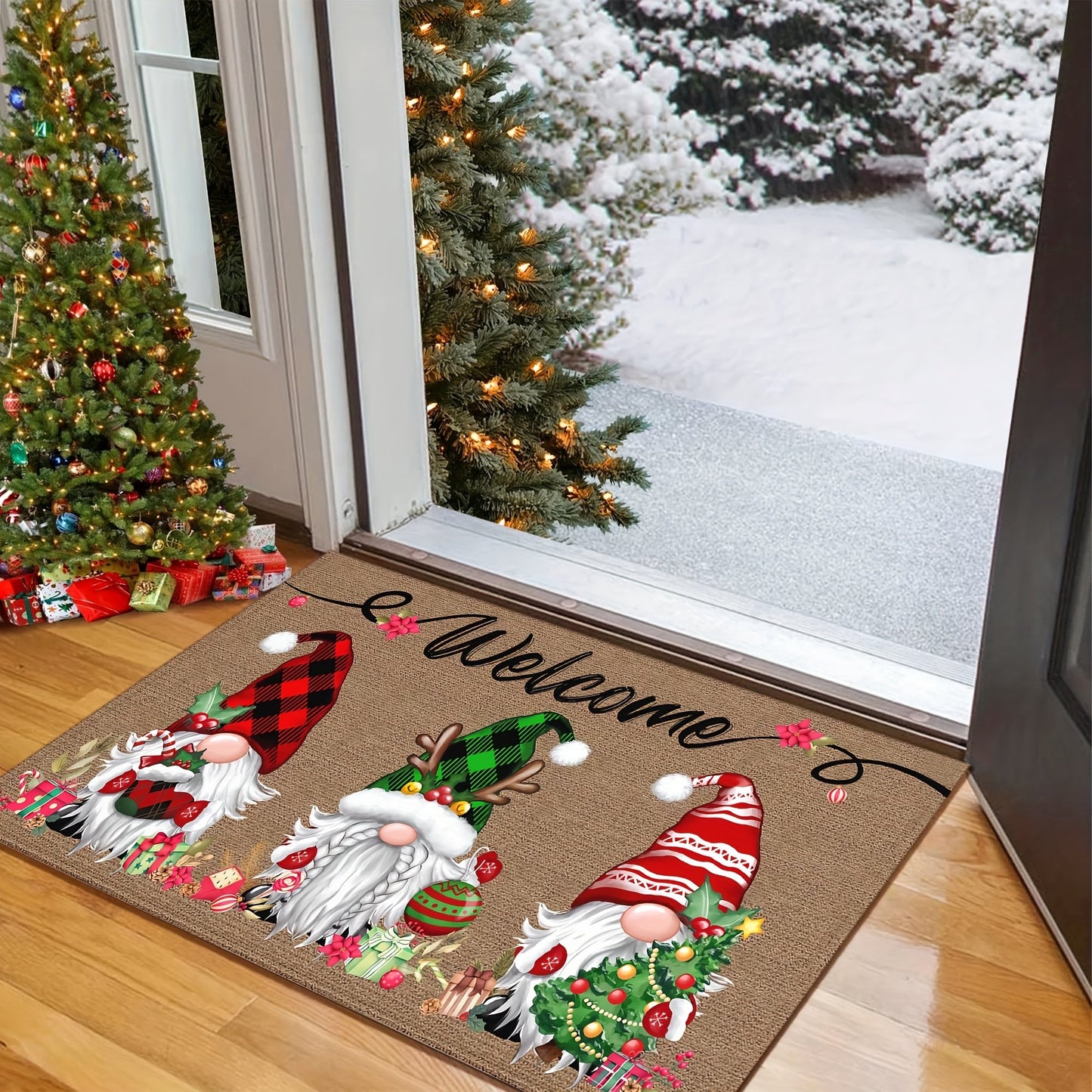 Celebrate the Holidays with This Festive Christmas Gnome Welcome Doormat! Made from Durable 100% Polyester, this 6mm Thick Mat Features Three Adorable Gnomes with Seasonal Charms. The Non-Slip Rubber Backing Keeps it Securely in Place, and it's Machine