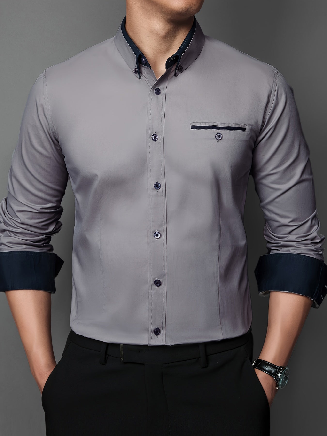 Men's color block shirt, made of 60% polyester and 40% cotton, with long sleeves, regular fit, lapel collar, and button details. Made of woven fabric, non-stretch, and suitable for work