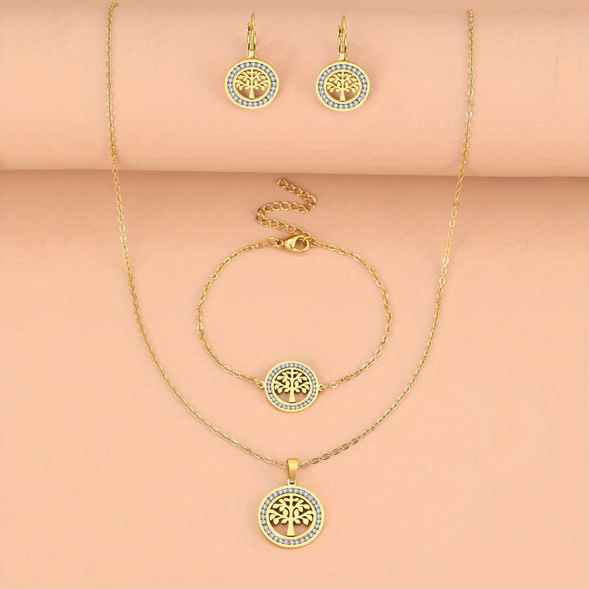 3-Piece Tree of Life Jewelry Set in Bohemian Style - 14K Gold Plated Copper with Synthetic Zirconia - Perfect for Parties and Weddings, Includes Necklace, Bracelet, and Earrings.