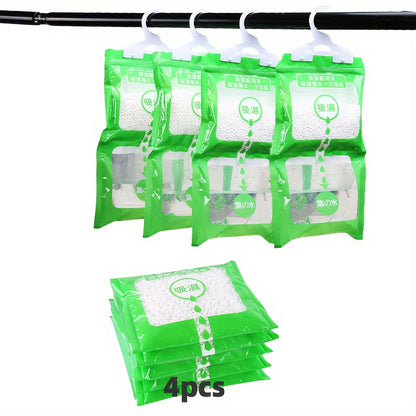 4 hanging dehumidifier bags for wardrobes, closets and homes, non-toxic with odor eliminating properties.