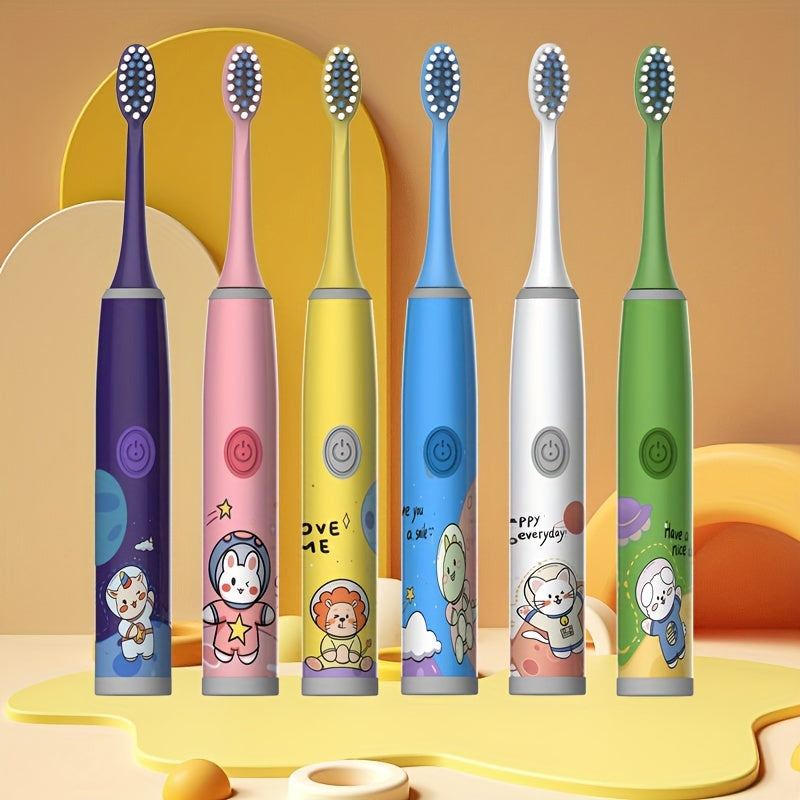 Kids Space Series Electric Toothbrush TKM-3-D for ages 3-15 features 5 modes, long battery life, gentle bristles, and a smart timer. Battery operated (battery not included).