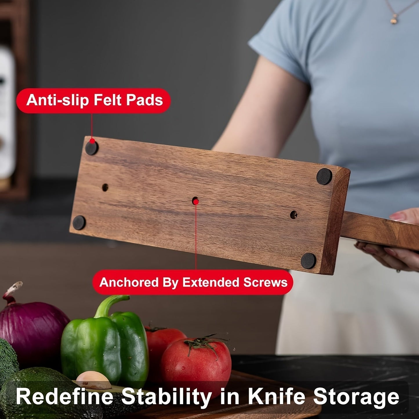 Wooden Magnetic Knife Holder - Dual-Sided Knife Block Without Knives - Strong Enhanced Magnets for Universal Knife Storage - Multifunctional Knife Display Rack for Kitchen Counter