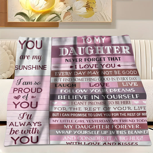 Flannel throw blanket with lodge style design featuring an inspirational message for daughters. This all-season blanket is made with a knitted digital print polyester cover that is soft and cozy for use on the sofa or while watching TV. It includes