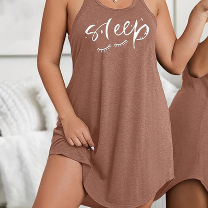 Plus size loungewear dress with scoop neck and racer back, featuring eyelash and letter print.