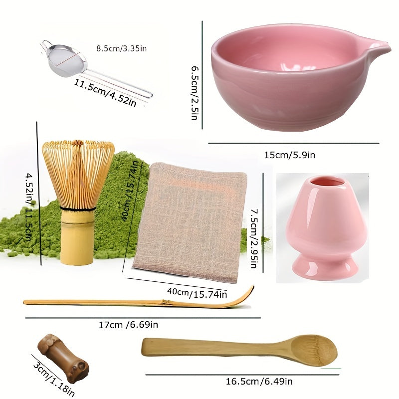 Set of 4 and 8 pieces Matcha Tea Set includes a Matcha Bowl, Matcha Whisk, Whisk Holder, Traditional Spoon, Tea Spoon, Tea Cloth, Spoon Rest, Pink Matcha Powder Sifter, Matcha Latte Coffee, Tools for Matcha Desserts, and a 500ml/16.90oz Salad Bowl.