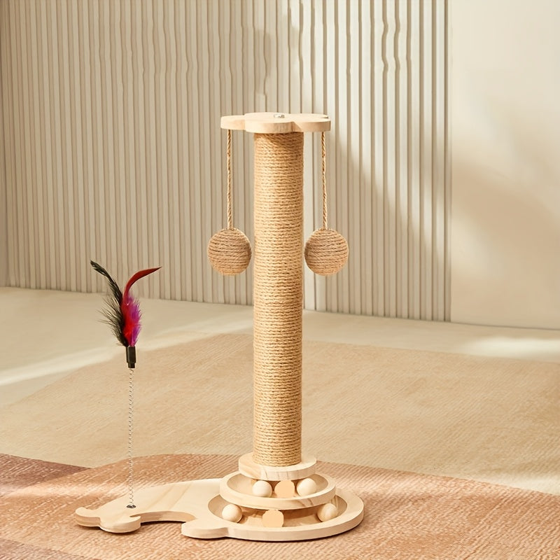 Interactive cat scratching post with rotating tassels and durable scratch board made of polyester fiber. Includes play balls and fully assembled for indoor cats.