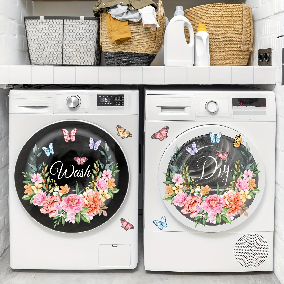 Набор из 2 наклеек Fresh Ring Flower Wash Dry Laundry Room для стиральной машины, декоративные наклейки на окна - 30*30 см, самоклеящиеся, двусторонняя печать - CT9004-YJ