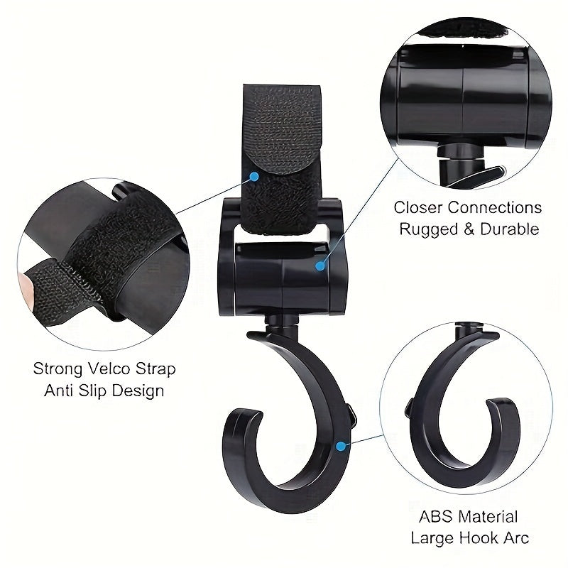 Two stroller hooks with multifunctional design and 360-degree rotating feature, preventing slipping. These hooks are suitable for use with strollers, baby carriers, bikes, bicycles, and car headrests.