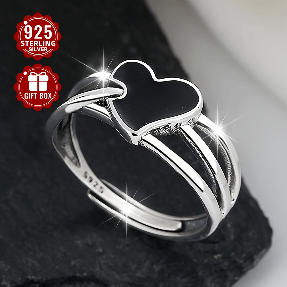 925 Sterling Silver Open Ring with Black Heart Design, a Symbol of Dangerous Love, perfect for both Men and Women. This high-quality adjustable ring is a statement piece that embodies the essence of risky love.