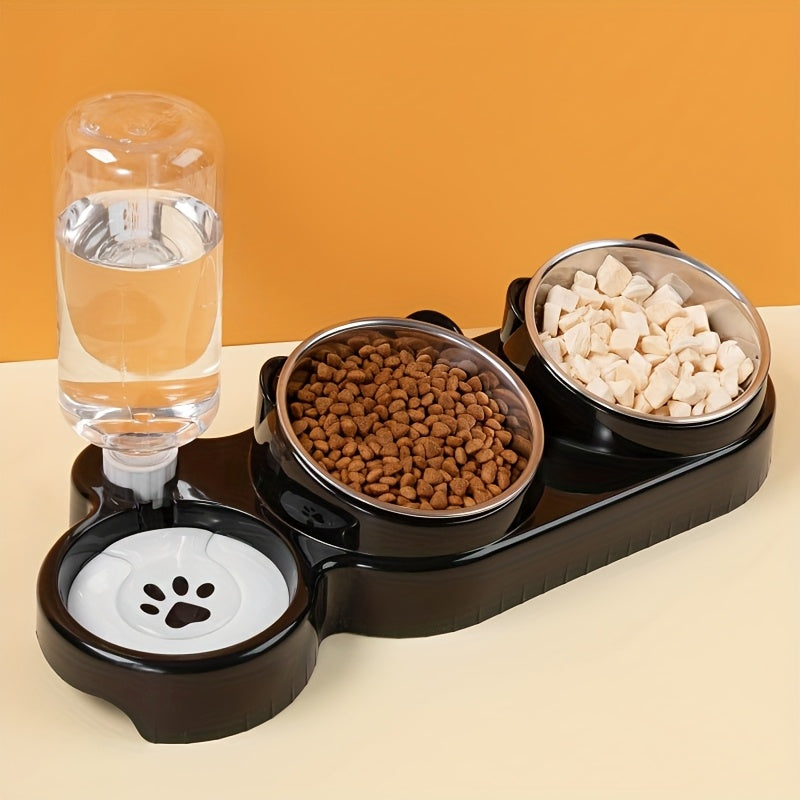 Dual bowl pet feeder and water dispenser made of stainless steel and plastic with easy sloped design for cats and dogs.