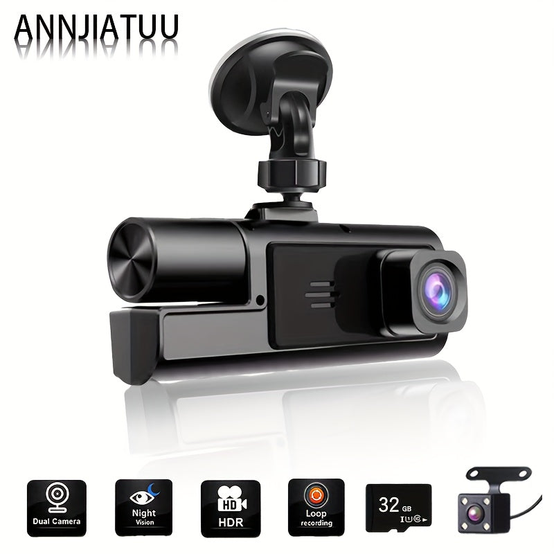 ANNJIATUU Triple Camera Car Dash Camera with Front 1080P, 480P Rear Camera, IR Night Vision, Loop Recording, Wide-Angle DVR Camera, IPS Screen