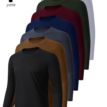 7pcs Men's Long Sleeve Fitness T-shirts, Solid Color, Quick-drying and Breathable, Body shaping Tops