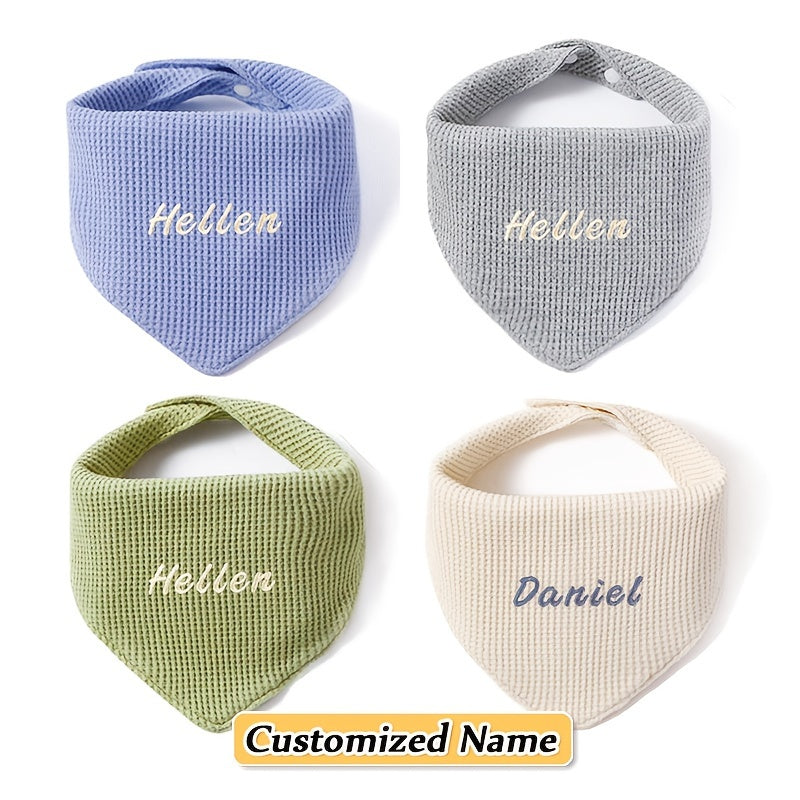 Set of 4 children's saliva towels including a triangle towel and an adjustable buckle solid color mouthguard. Made of soft and breathable material with strong water absorption, these natural material towels also come with an exclusive personalized