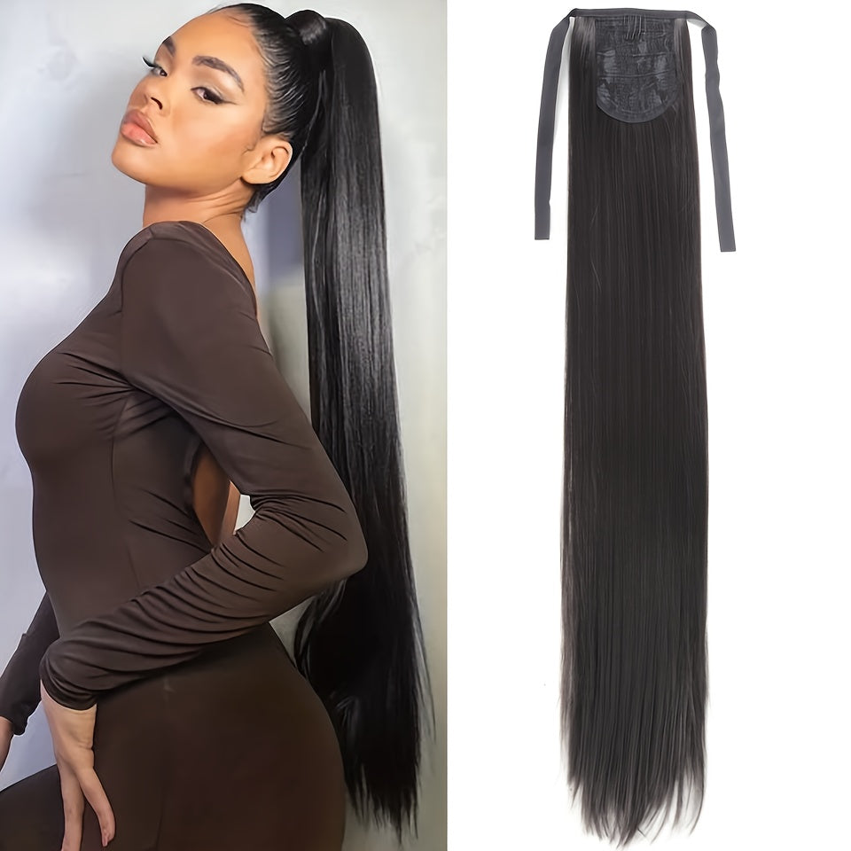 81.28 cm Black Synthetic Straight Ponytail Hair Extension, Drawstring Style for Women