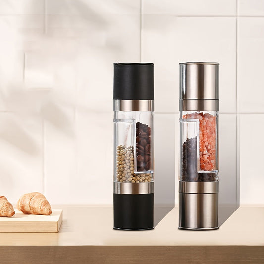 [Bestseller] Single Dual-Head Manual Pepper Grinder - Made with Stainless Steel, Durable Plastic, and a Transparent Design for Freshly Ground Black Pepper and Spices, a Must-Have Kitchen Tool with a Wooden Base