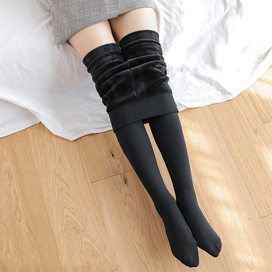 Women's black fleece-lined tights for warmth and comfort in cold weather.