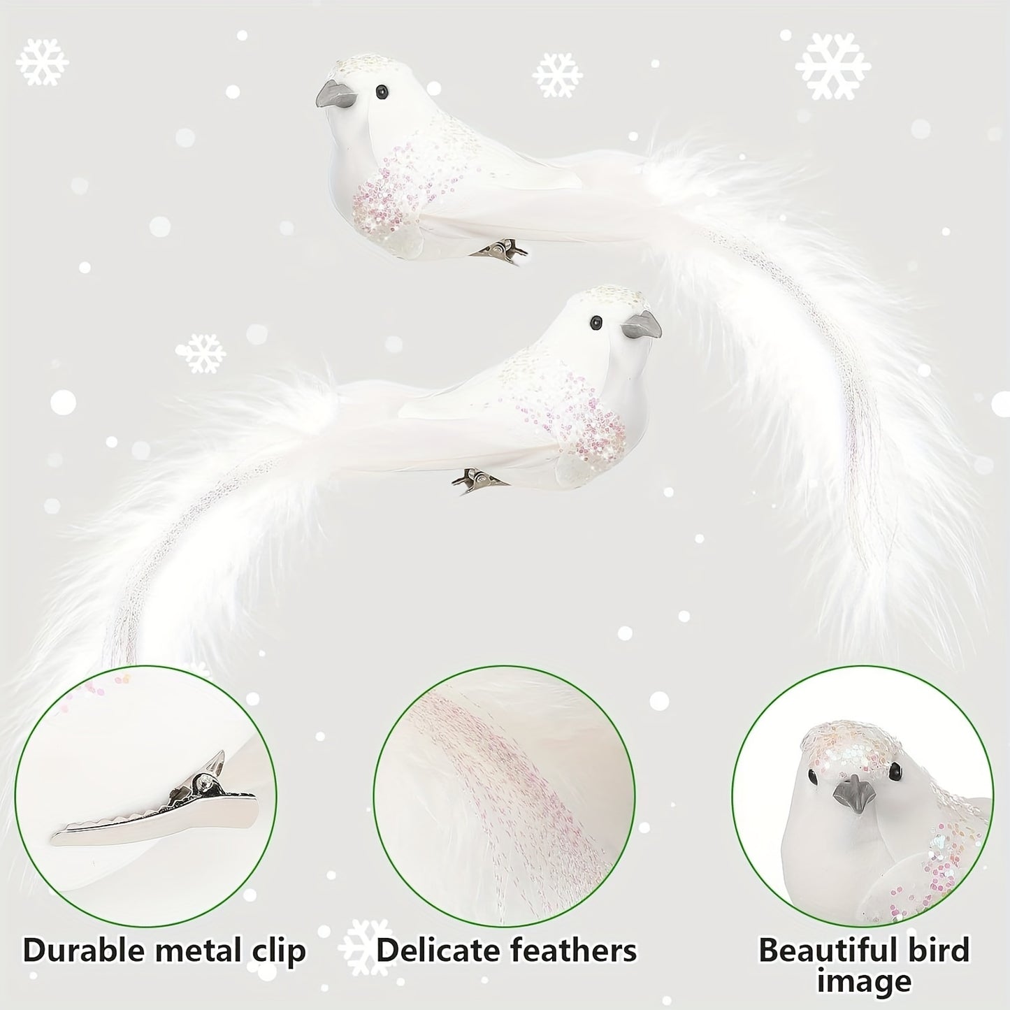 6 artificial Christmas pigeon bird decorations for DIY wreath arrangements, party and wedding decor.