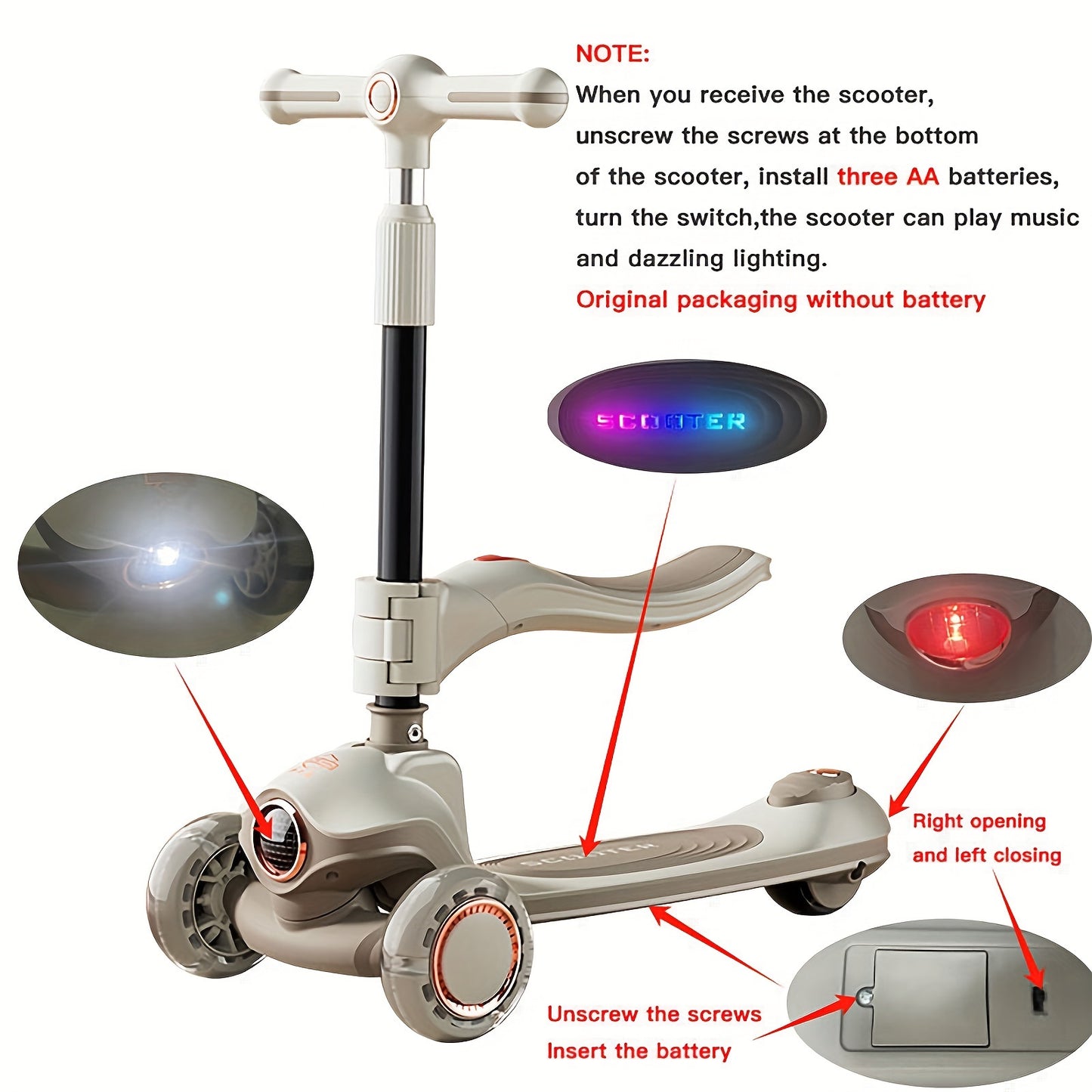 Children's 2-in-1 scooter and bike with adjustable handlebar, LED wheels, music, and foldable design for ages 3-8, offered in various colors.