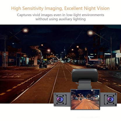 3-channel car dash cam with front, right, and left cameras, night vision, parking monitor.