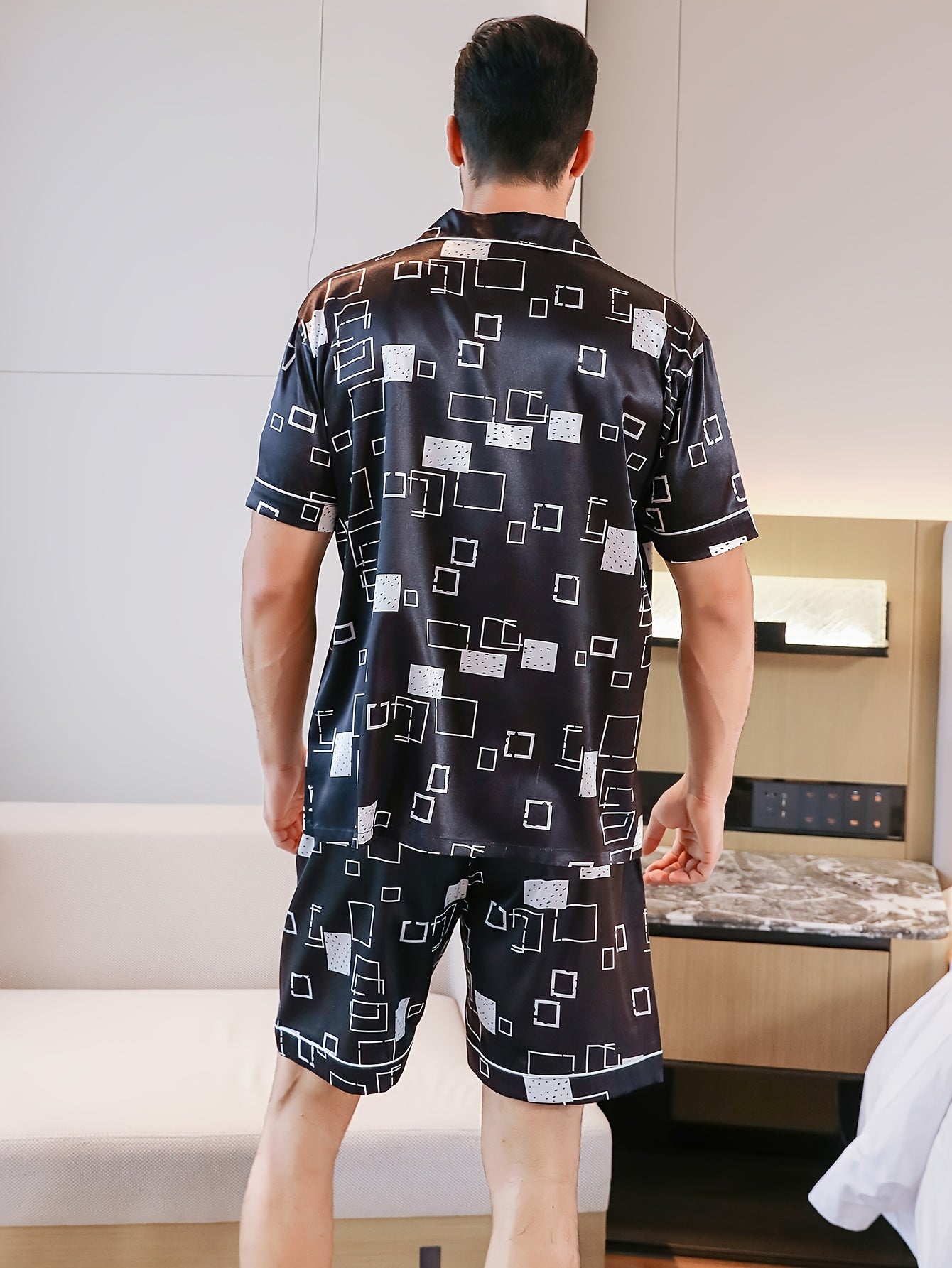 Men's summer sleepwear set with short sleeves, shorts, long pants, geometric print, and collared cardigan.