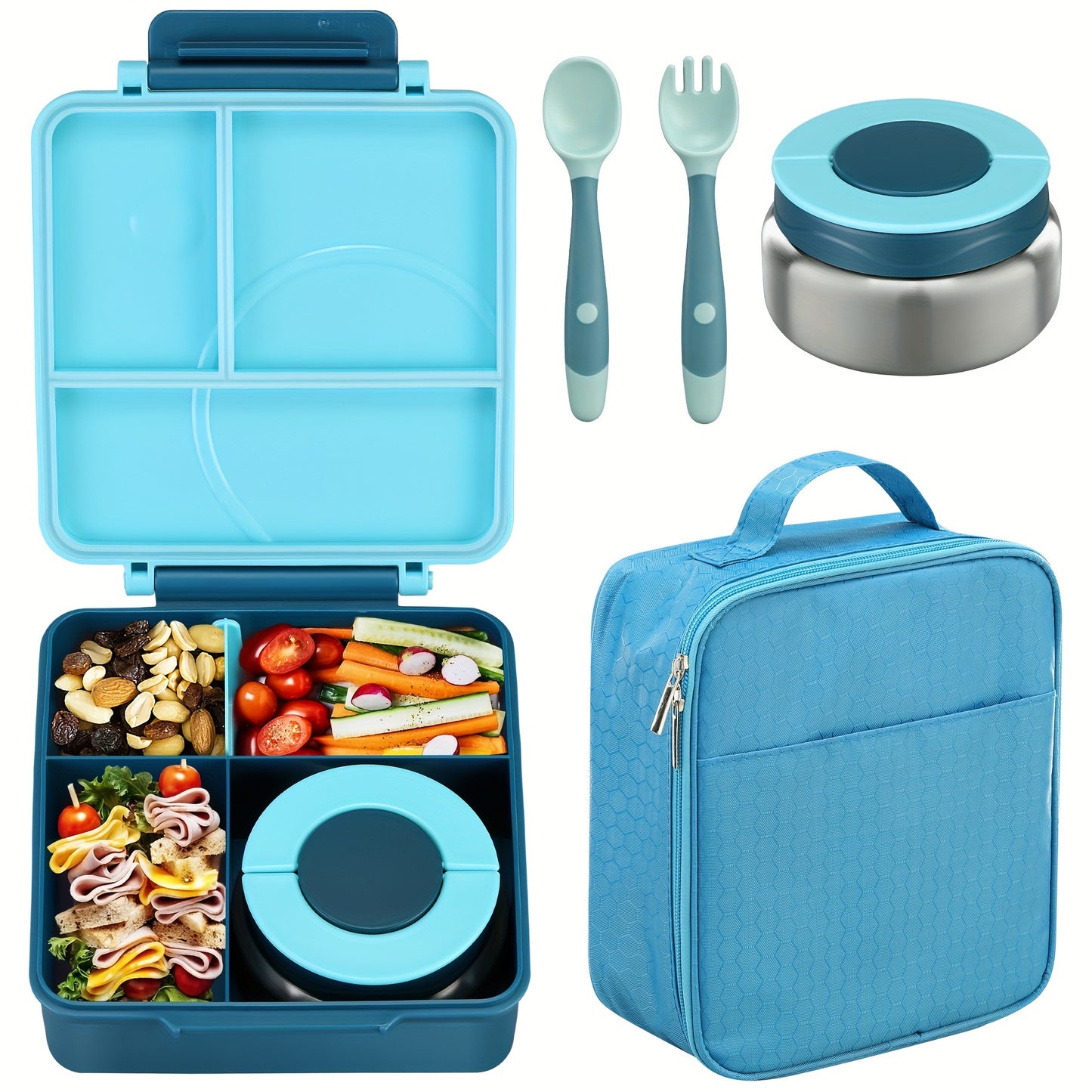 Bento lunch box set with 8oz soup thermo, leak-proof containers with 4 compartments, kids hot food jar, and insulated lunch bag.