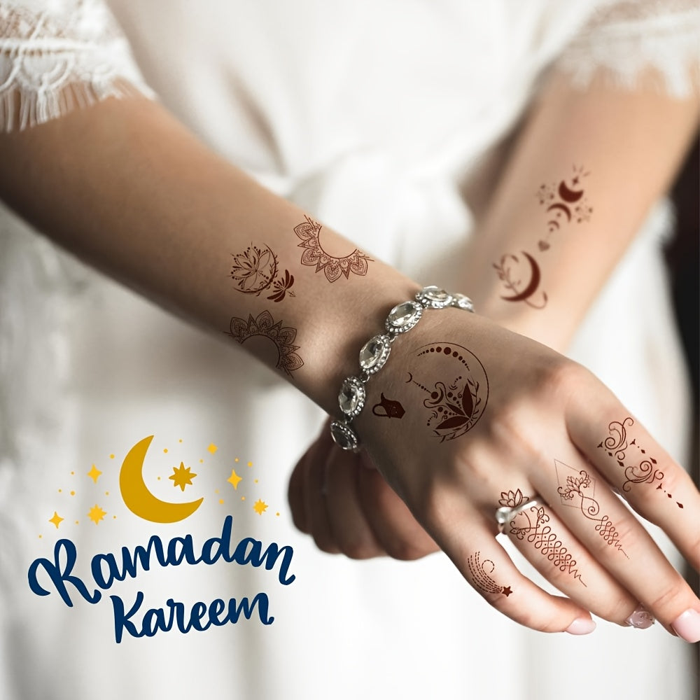 10 Eid Mubarak temporary tattoos featuring moon, stars, and mosque motifs for festive Eid Al-Adha celebrations. Ideal for face and body decoration.