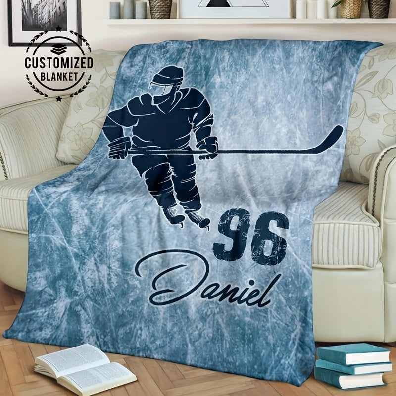 Personalize your own ice hockey player flannel blanket with custom name, lightweight and versatile for all-season use. Perfect for sofa, bed, travel, camping, living room, or office. Made of soft and warm polyester fabric with digital print design. Easy