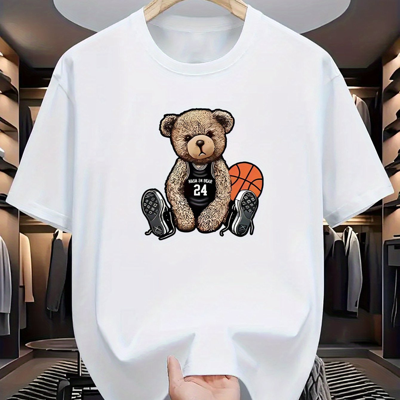 Men's Casual Bear Print T-Shirt: Crew Neck, Short Sleeve, Machine Washable