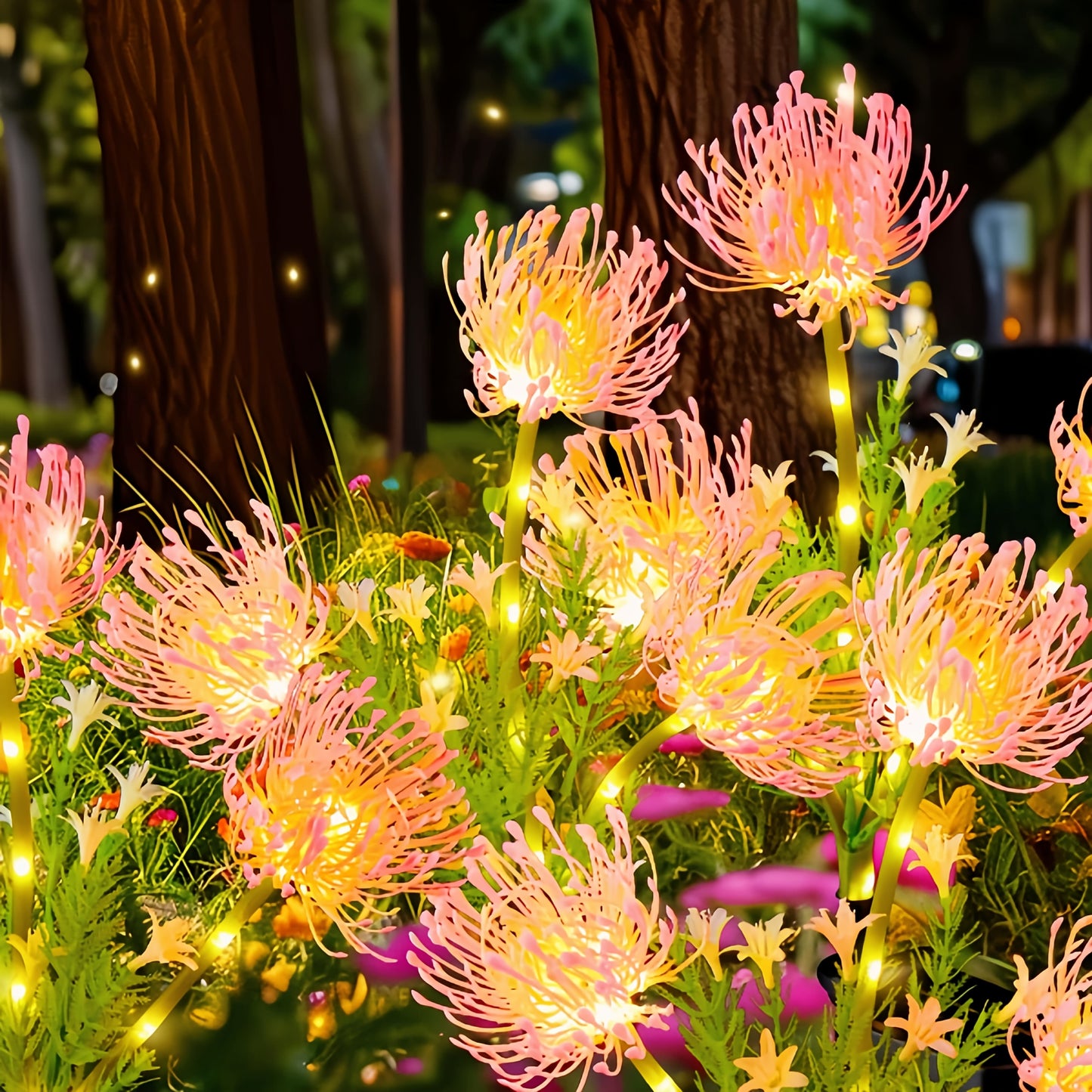 Outdoor decorative LED solar-powered pink lotus flower garden lights for patio, deck, and yard. Weather-resistant and smart lighting with lotus flower design.