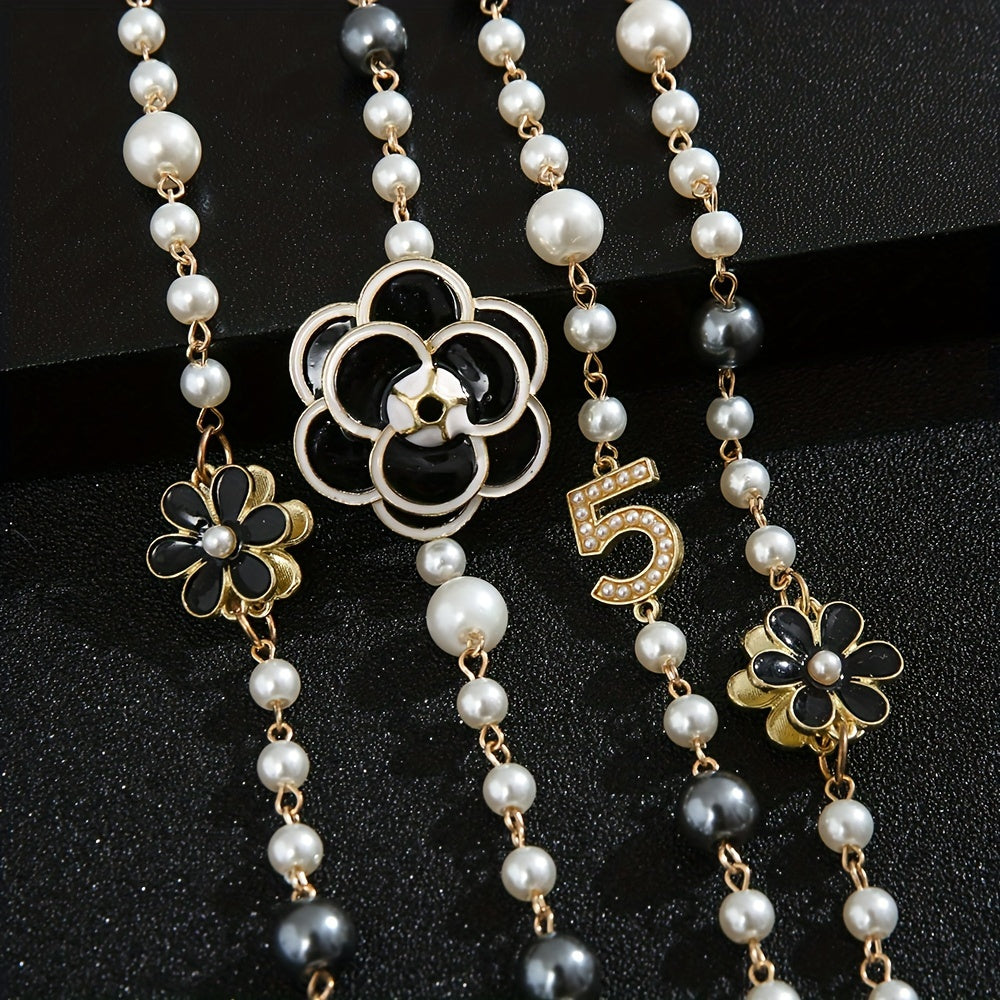 Long French Court Style Sweater Chain with Korean Style Flower Beads, Faux Pearl, Double Layer Pendant Necklace featuring Number 5 - Unique Jewelry Piece