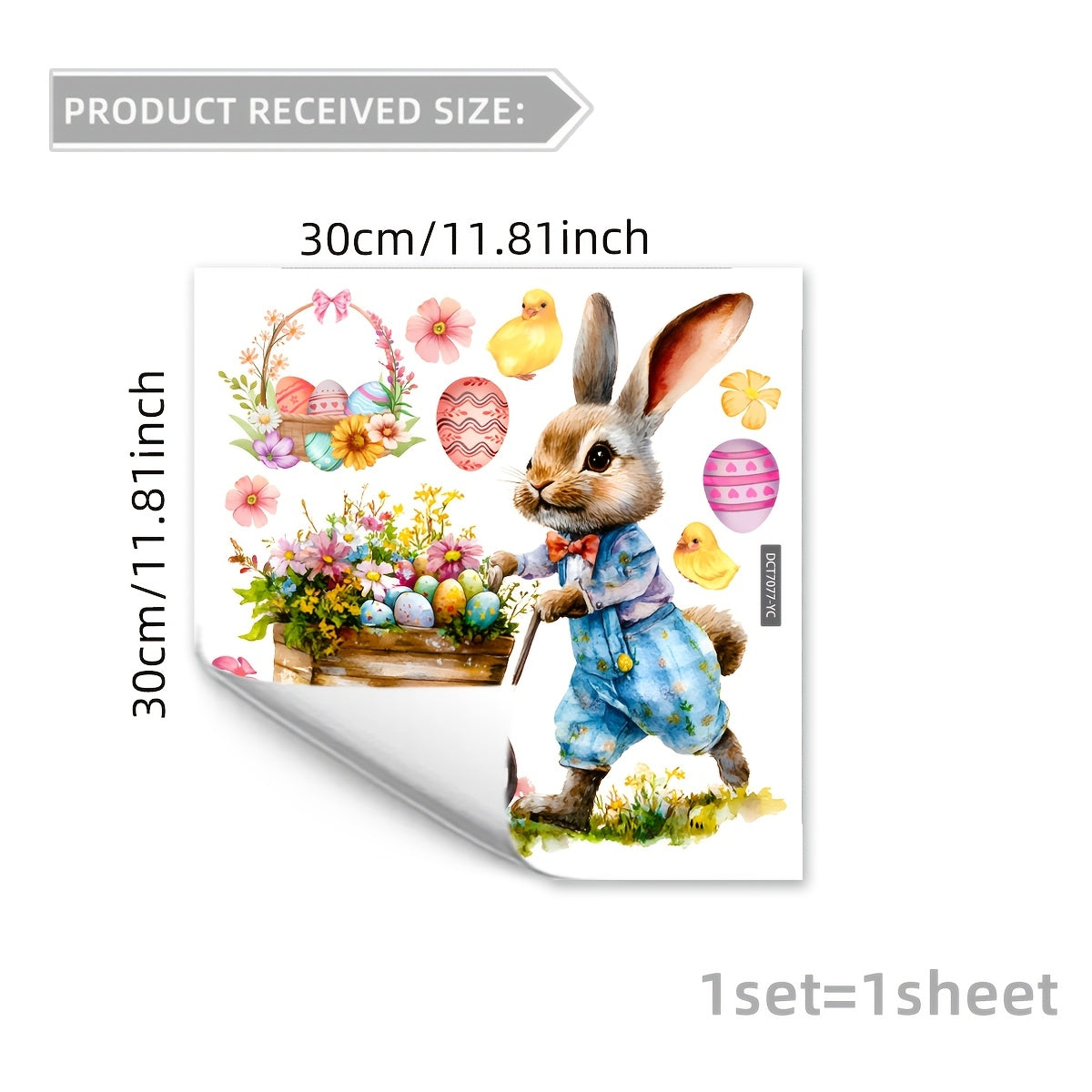 Window cling decal featuring an Easter Bunny and Chick in a basket - 30.48cm x 30.48cm size made of ultra-thin PVC. Self-adhesive with a festive floral egg design, perfect for decorating bedrooms and balconies.