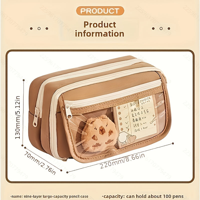 6-piece Capybara pencil case set with zipper, includes canvas bag, transparent storage box with compartment, doll, stickers, clips, and notepad.