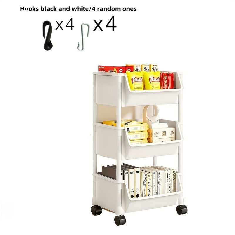 Multi-layer trolley shelf for floor-to-ceiling storage of snacks, fruits, vegetables, and books. Made of durable plastic, no batteries needed.