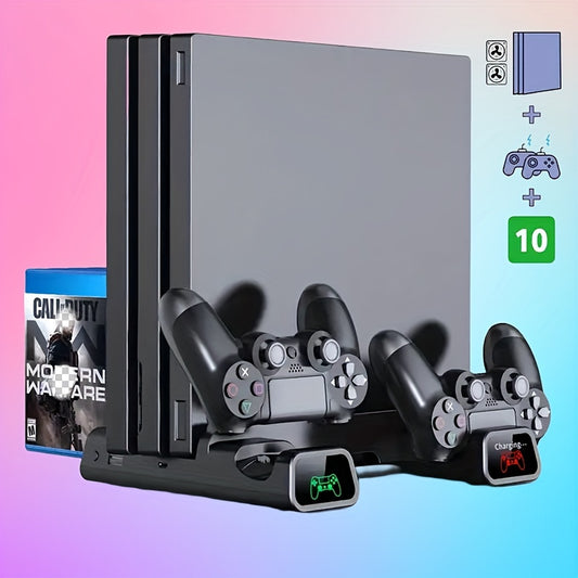 PS4 cooling stand with controller charging, light indicator, disc slot, and game card storage.