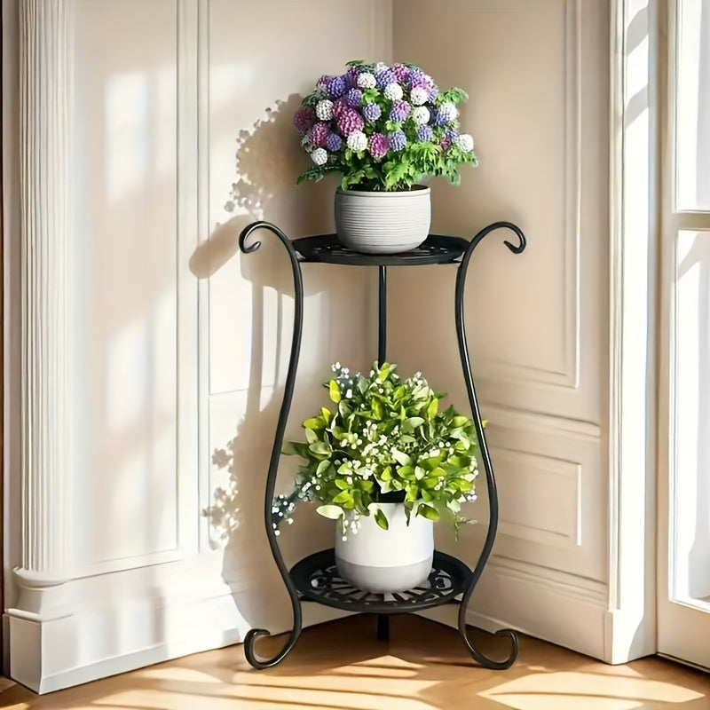 Elegant double layer metal flower stand, lightweight and durable. Suitable for both aquarium and home garden display. Perfect for indoor and outdoor plant stand with hanging flower pots.