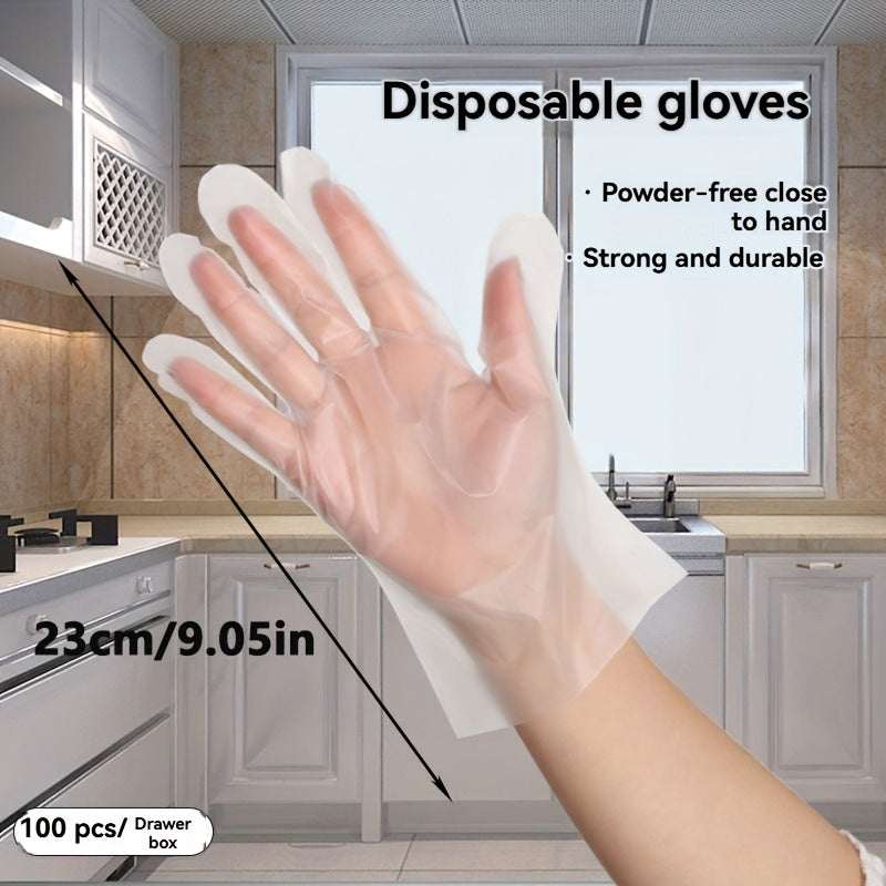 Disposable TPE gloves in packs of 100, 300, and 600, suitable for catering. Transparent and protective, made of food-grade material.