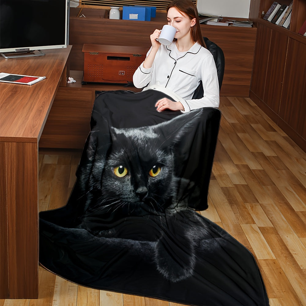 Soft, ultra-black cat print flannel throw blanket - great for couch, bed, car, office, or camping - a versatile and practical gift for all seasons.