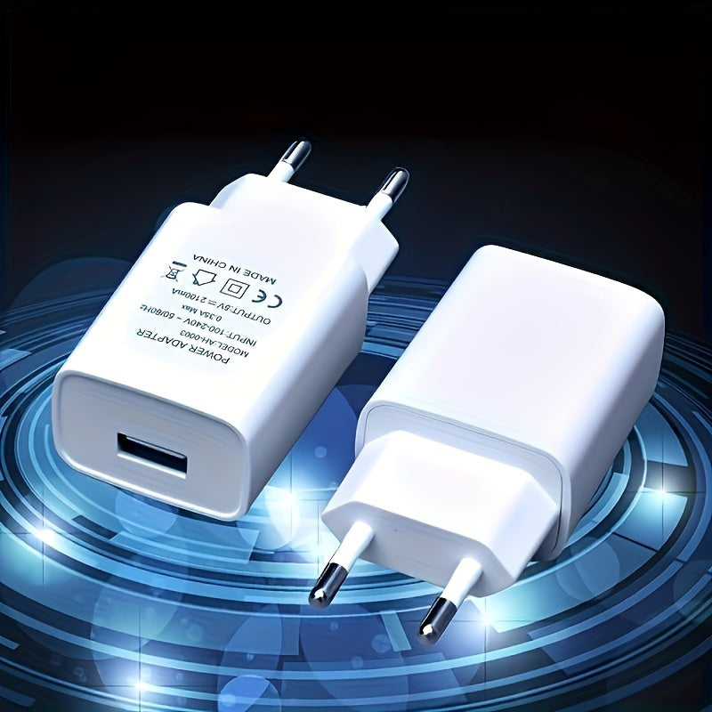 European standard white 5V2A mobile phone charger for fast charging in various locations.