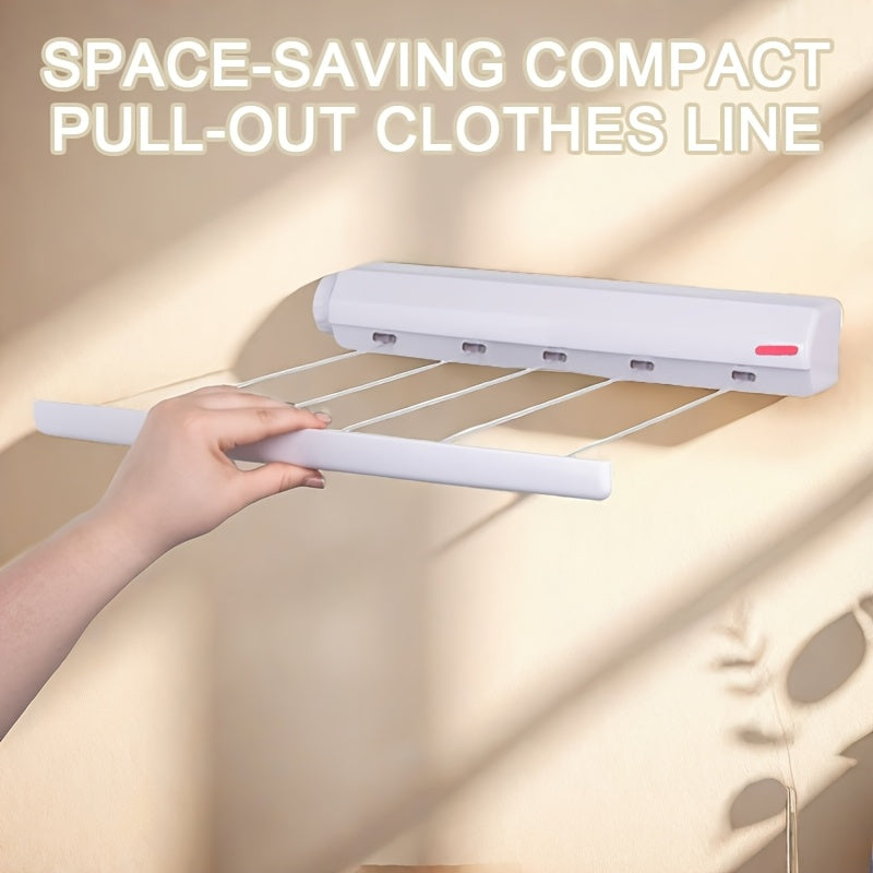 Save space with this Retractable Clothes Drying Rack, featuring 4/5 lines for hanging clothes. Made of durable plastic, this wall-mounted rack includes a towel bar and hooks for added convenience. Easy to use and portable, this Laundry Hanging Rod is