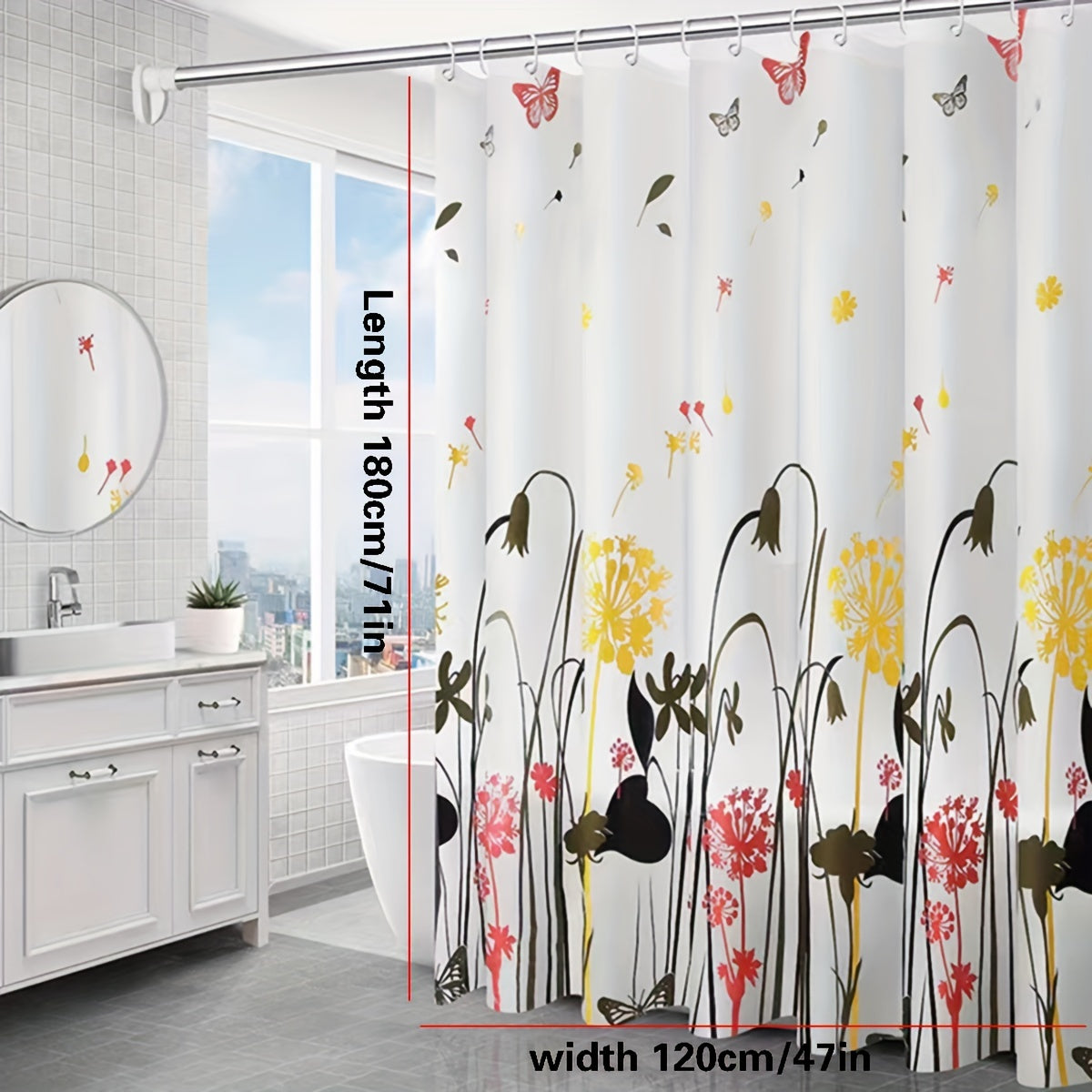 Dandelion pattern shower curtain with waterproof PEVA material, anti-rust buttonholes, and decorative design for bathroom.