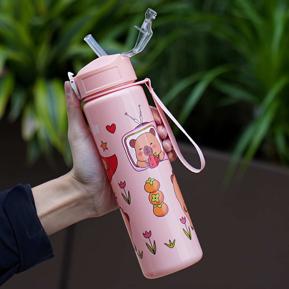 Cartoon Kapibara-themed 26oz water bottle with straw, leak-proof, PVC-free, hand wash only. Great for outdoor activities and makes a perfect holiday gift.