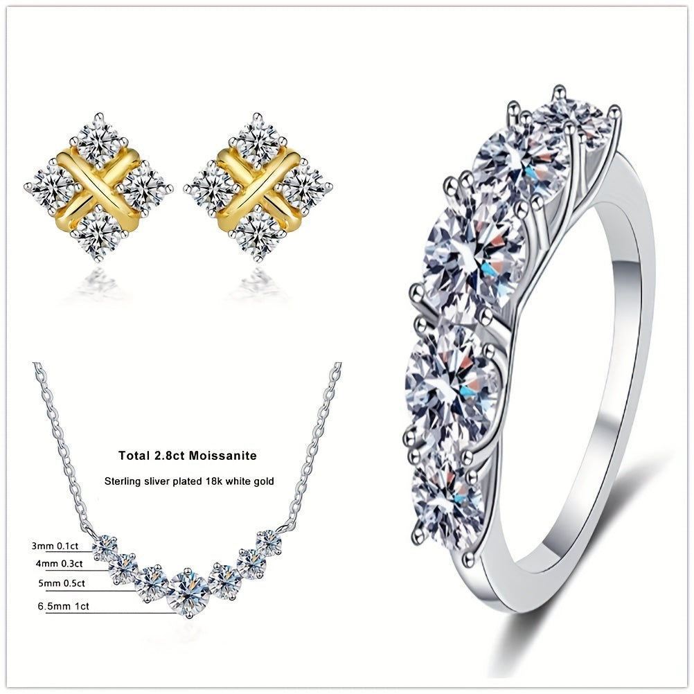 Luxurious 4-Piece Jewelry Set featuring a 7.2ct Total Moissanite Necklace Pendant, Earrings, and Ring - made with 925 Sterling Silver. Perfect Holiday-Themed Gift Set for Weddings, Christmas, Anniversaries. Comes in a beautiful Gift Box.