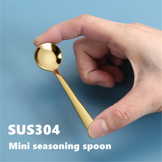 A set of 10 mini seasoning spoons made from SUS304 stainless steel, featuring a short handle and round design. Ideal for use in the kitchen for salt or coffee. Each spoon measures 8.99cm and is available in silver and golden colors.