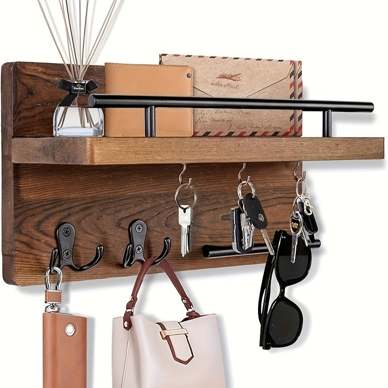 Light Brown Wooden Wall-Mounted Coat Rack with Shelf - Organizer for Entryway, Hallway, Living Room, Bedroom. Features Metal Hooks and Rustic Design.