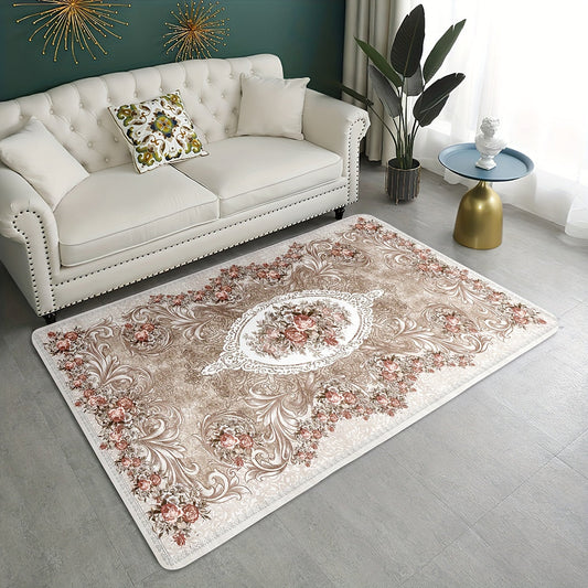 Vintage Persian Rug featuring a charming floral print, perfect for the living room or bedroom. This boho area rug adds a touch of elegance to any indoor space. The distressed carpet is washable and soft, with non-slip backing for safety. Ideal for home